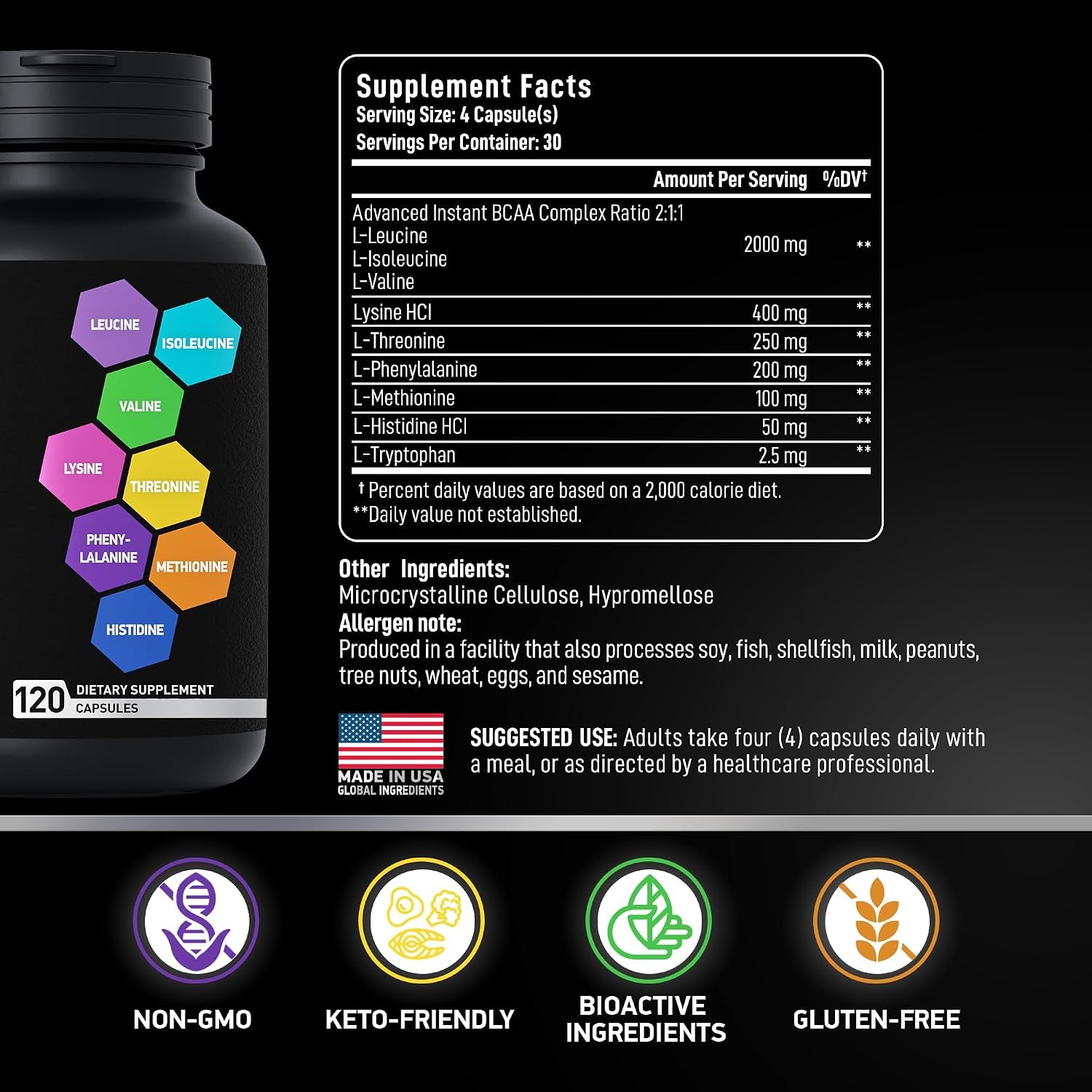 Essential Amino Acids Supplement for Women & Men - Vegan BCAA Amino Acid Complex for Muscle Growth with All 9 Bcaas Essential Aminos - Advanced Workout Power & Recovery Formula - 120 EAA BCAA Pills