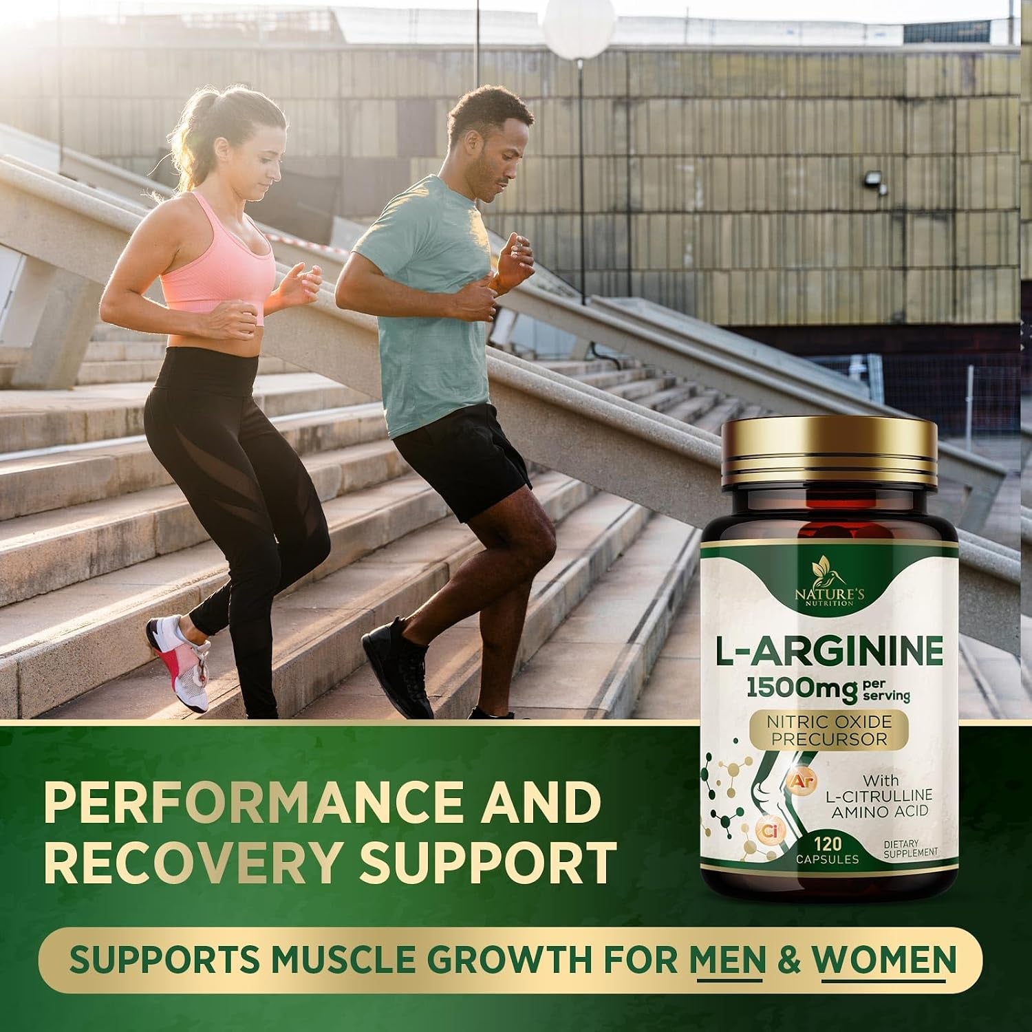 L-Arginine Extra Strength Supplement with L-Citrulline - Muscle Supporting Natural Nitric Oxide Precursor Booster - Heart Health Support - Amino Acid Energy Blend for Men, USA Bottled - 120 Capsules
