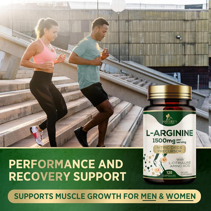 L-Arginine Extra Strength Supplement with L-Citrulline - Muscle Supporting Natural Nitric Oxide Precursor Booster - Heart Health Support - Amino Acid Energy Blend for Men, USA Bottled - 120 Capsules