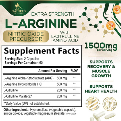 L-Arginine Extra Strength Supplement with L-Citrulline - Muscle Supporting Natural Nitric Oxide Precursor Booster - Heart Health Support - Amino Acid Energy Blend for Men, USA Bottled - 120 Capsules