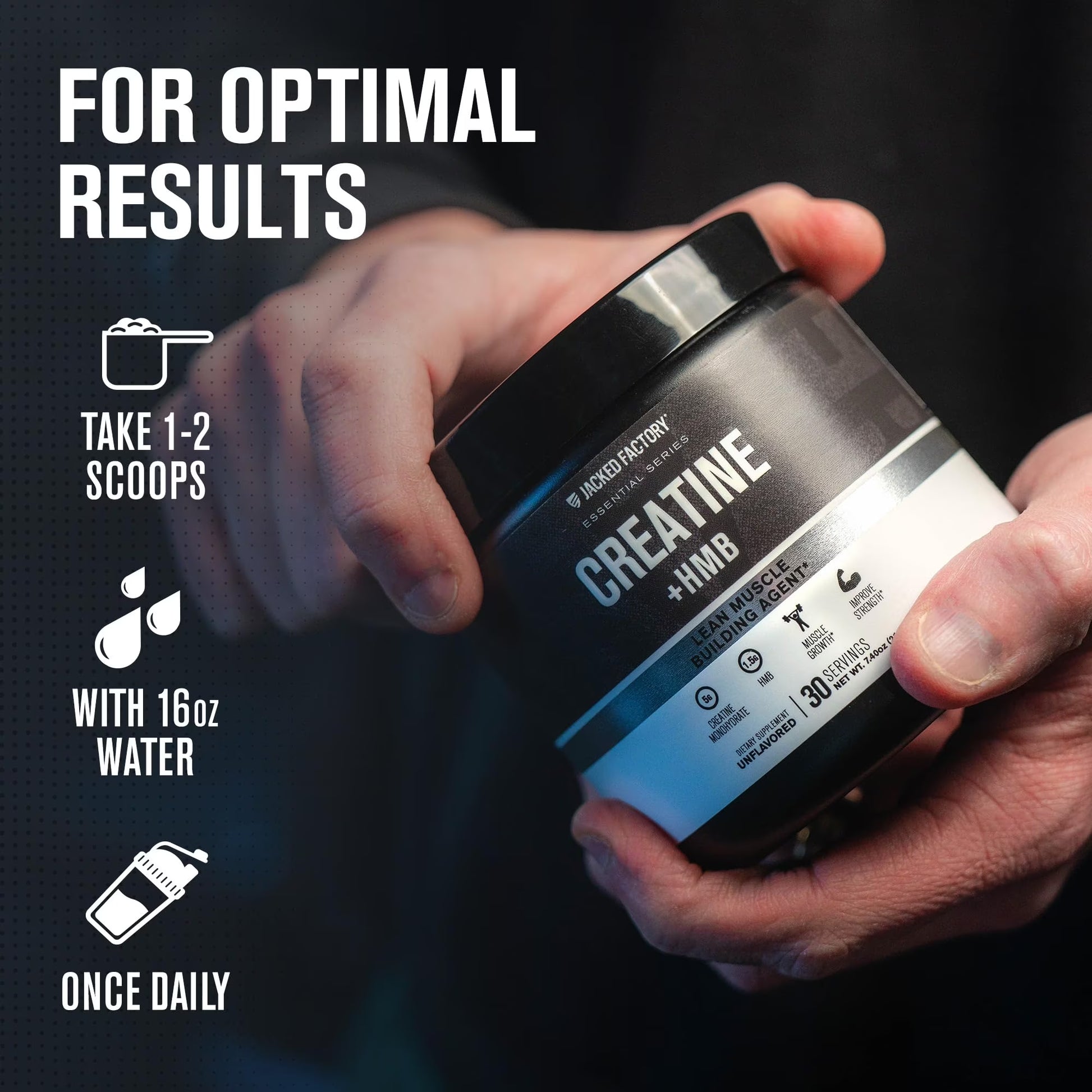 Jacked Factory Creatine HMB Powder Supplement with Creatine Monohydrate & HMB for Men & Women for Muscle Growth, Increased Strength, Enhanced Energy - 30 Servings, Unflavored