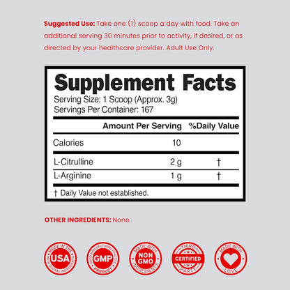 L Arginine L Citrulline Supplement Powder (3G) Nitric Oxide Booster Powder - L-Citrulline Supplements for Men & Women - Stamina, Performance & Endurance for Workouts - Vegan Safe & USA Made