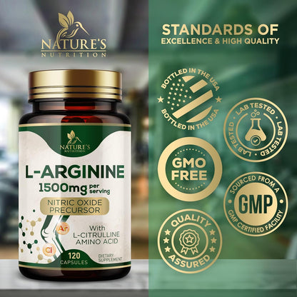 L-Arginine Extra Strength Supplement with L-Citrulline - Muscle Supporting Natural Nitric Oxide Precursor Booster - Heart Health Support - Amino Acid Energy Blend for Men, USA Bottled - 120 Capsules