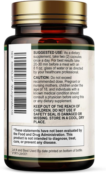 L-Arginine Extra Strength Supplement with L-Citrulline - Muscle Supporting Natural Nitric Oxide Precursor Booster - Heart Health Support - Amino Acid Energy Blend for Men, USA Bottled - 120 Capsules
